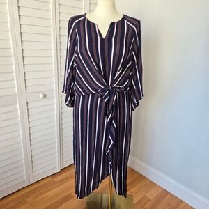 Gibson Latimer Navy Striped Wrap Tie Midi Dress 2X Chic Modern Minimalist Office